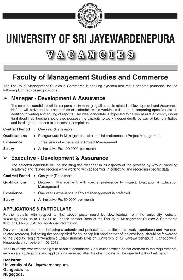 Manager (Development & Assurance), Executive (Development & Assurance) - University of Sri Jayewardenepura